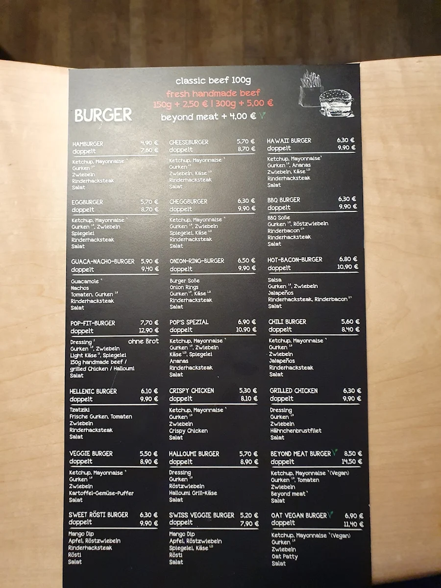 Speisekarte, Pops Burger Kirchheim
