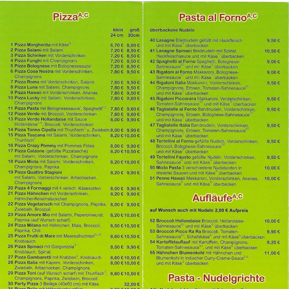 Speisekarte, Pizzeria Milano Calbe/saale