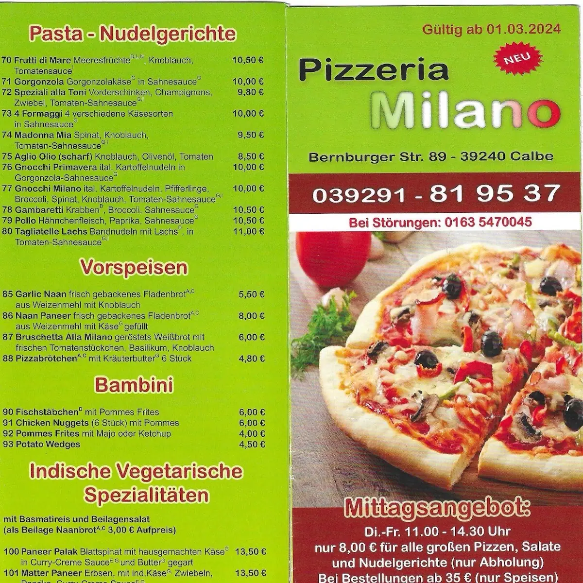 Speisekarte, Pizzeria Milano Calbe/saale