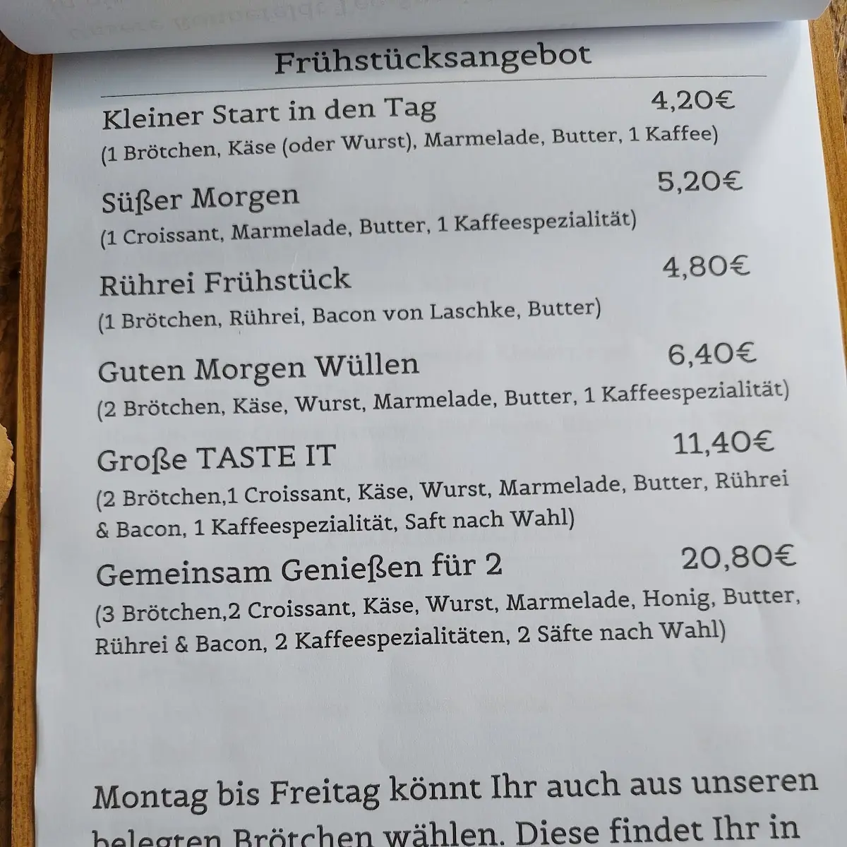 Speisekarte, Café TASTE IT