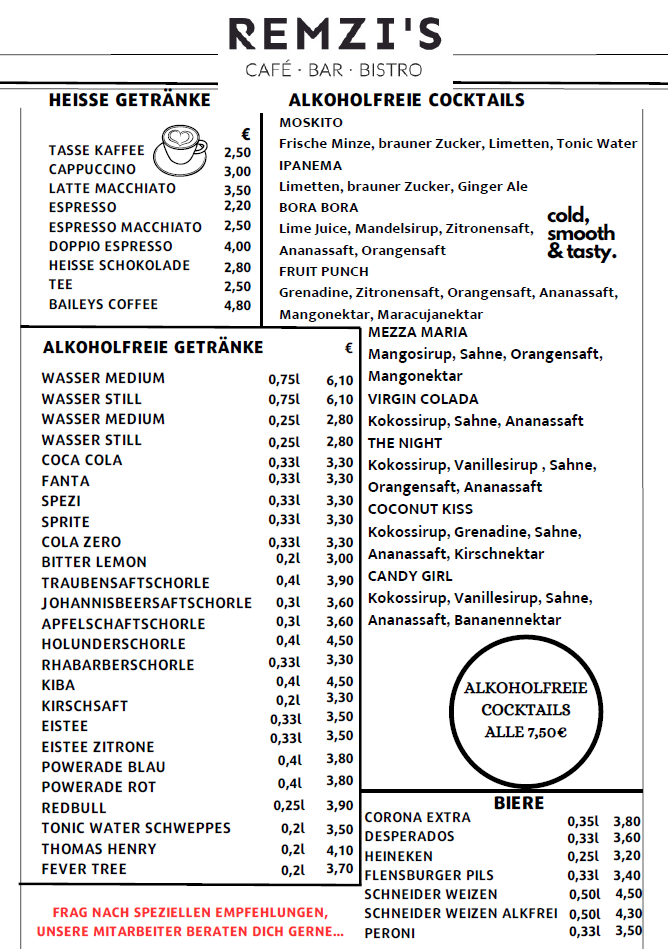 Speisekarte, REMZI‘S Café Bar Bistro