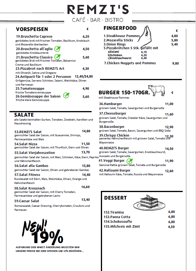 Speisekarte, REMZI‘S Café Bar Bistro