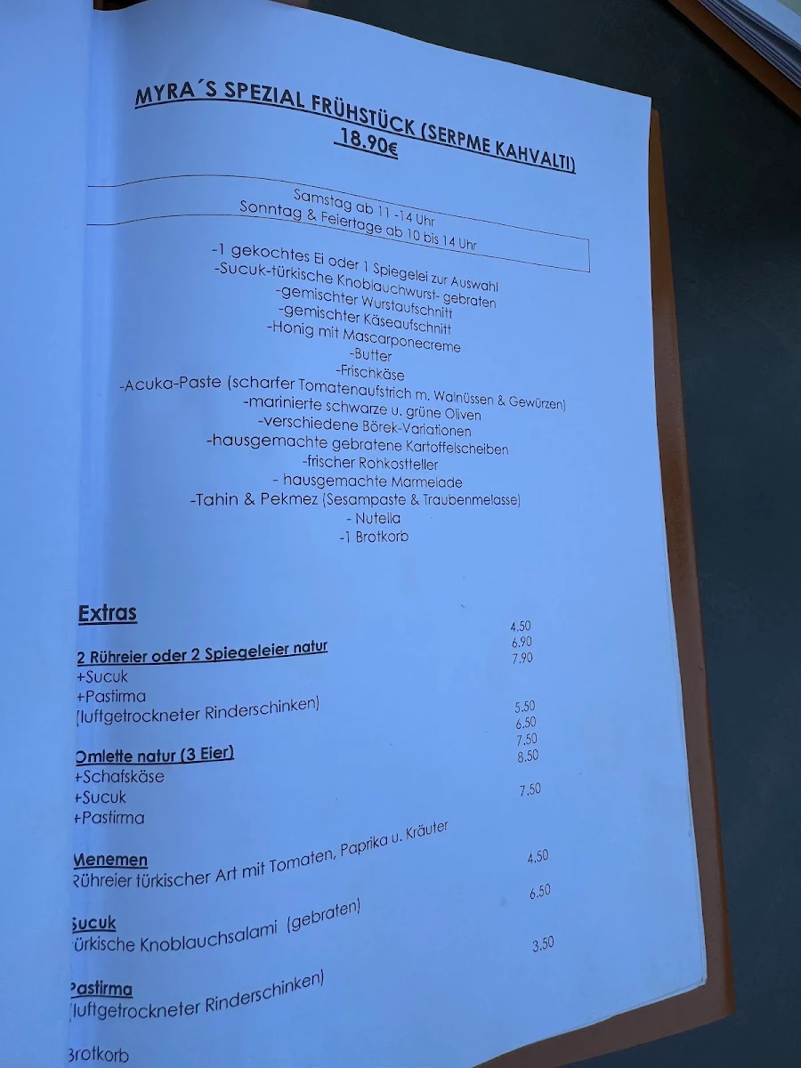 Speisekarte, MYRA Restaurant