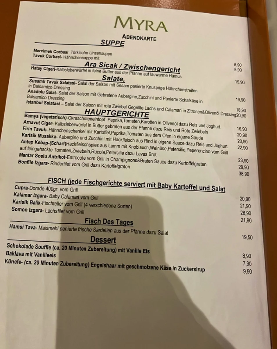Speisekarte, MYRA Restaurant