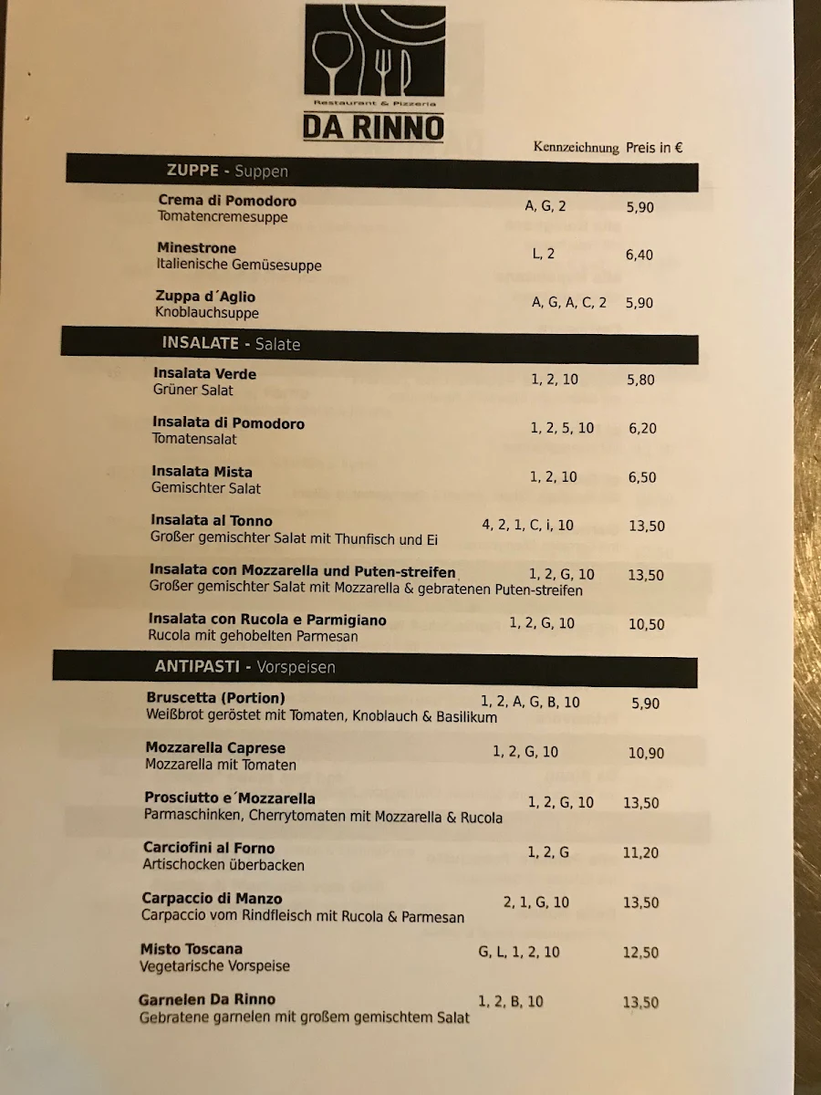 Speisekarte, Restaurant Pizzeria "Da Rinno"