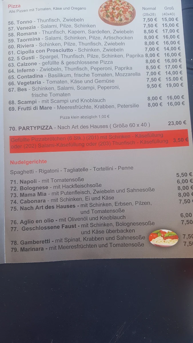 Speisekarte, Pizzeria Etna Wenden