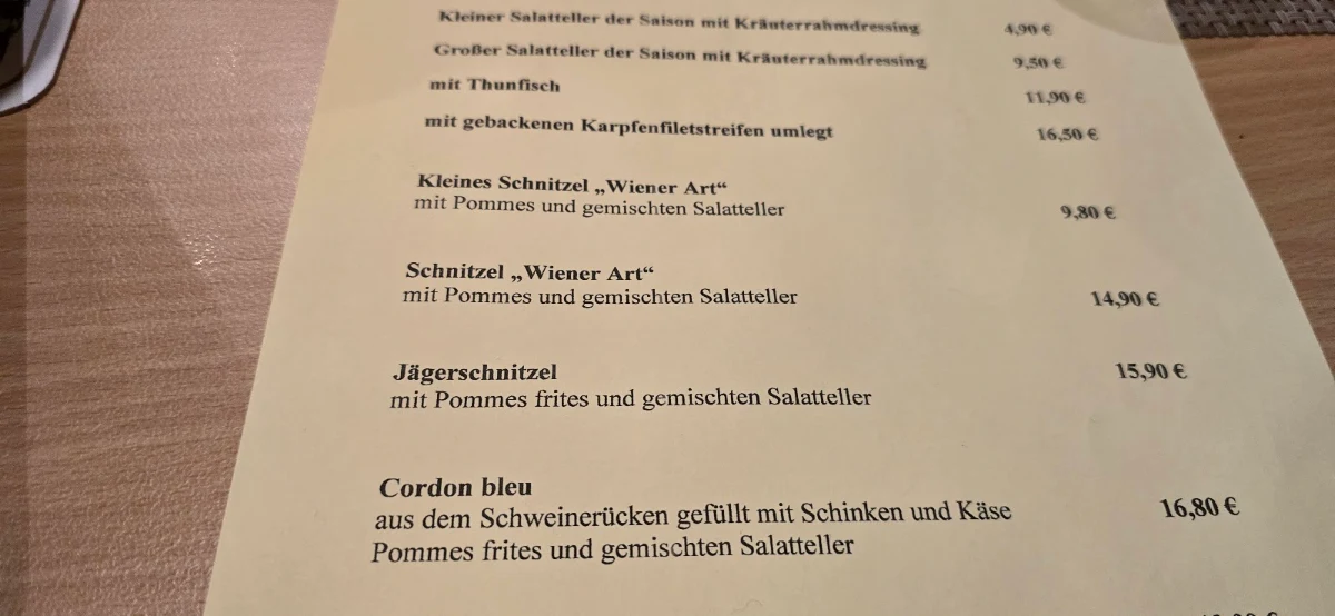 Speisekarte, Gasthof Fillweber