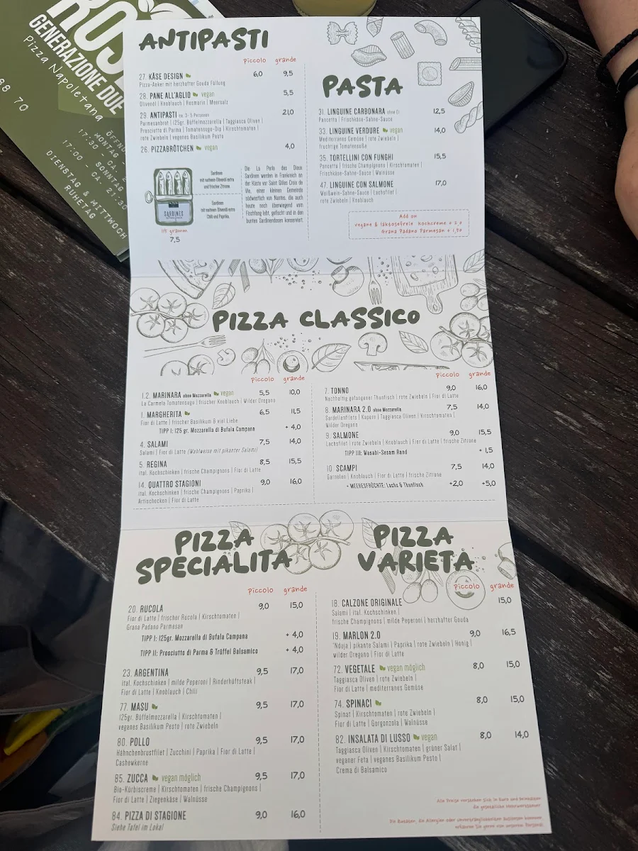 Speisekarte, Pizzeria ROSE generazione due