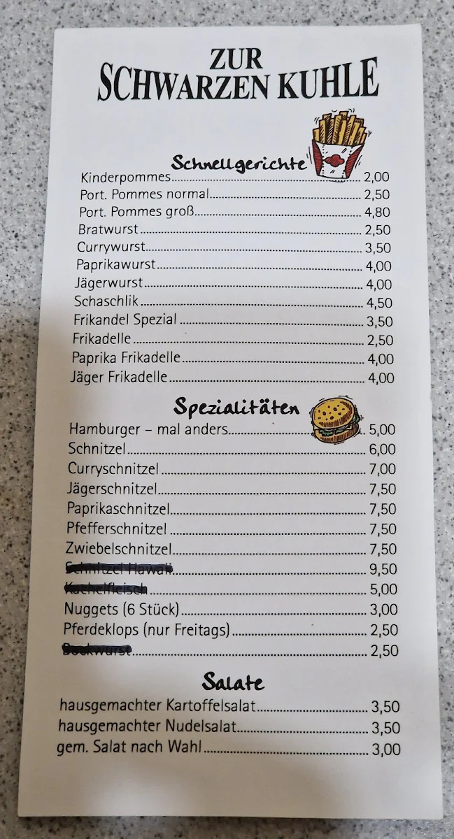 Speisekarte, Imbiss "Zur schwarzen Kuhle"