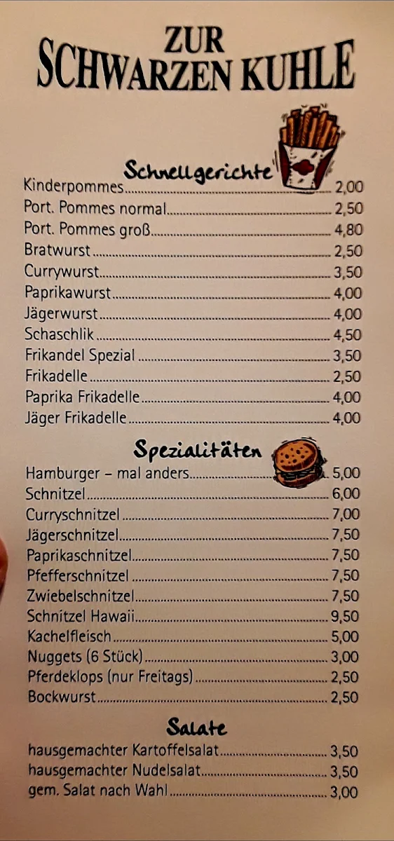Speisekarte, Imbiss "Zur schwarzen Kuhle"