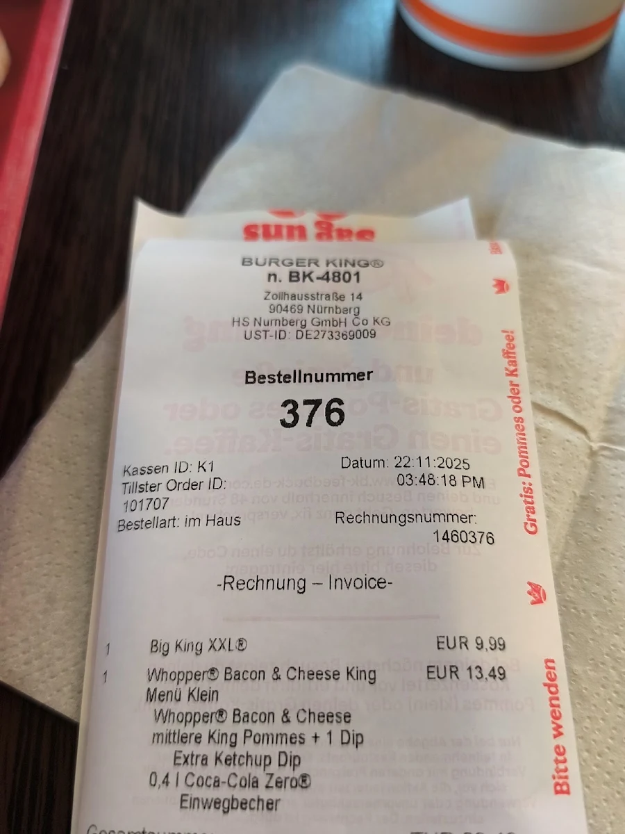 Speisekarte, Burger King Nürnberg