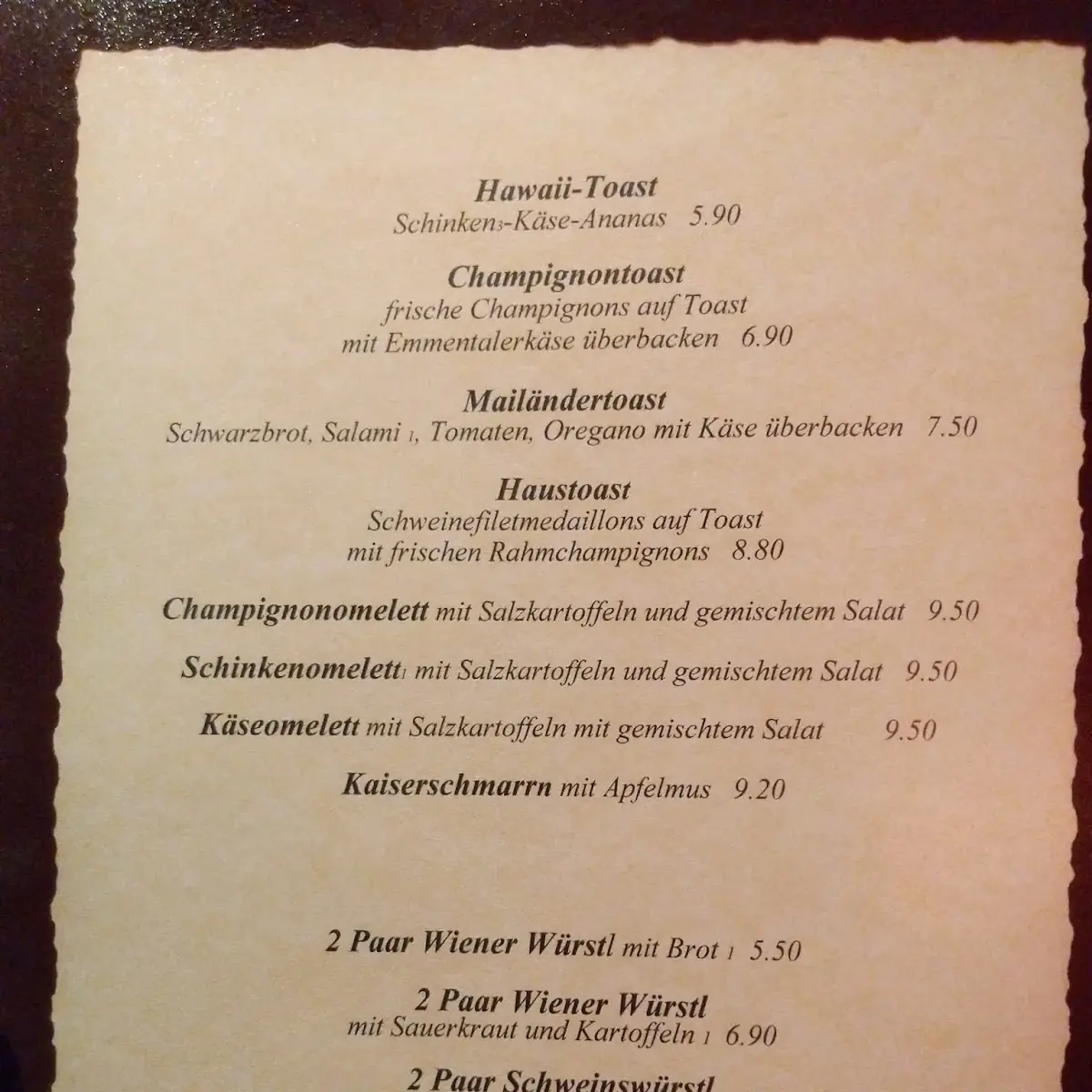 Speisekarte, Postgasthof Rote Wand