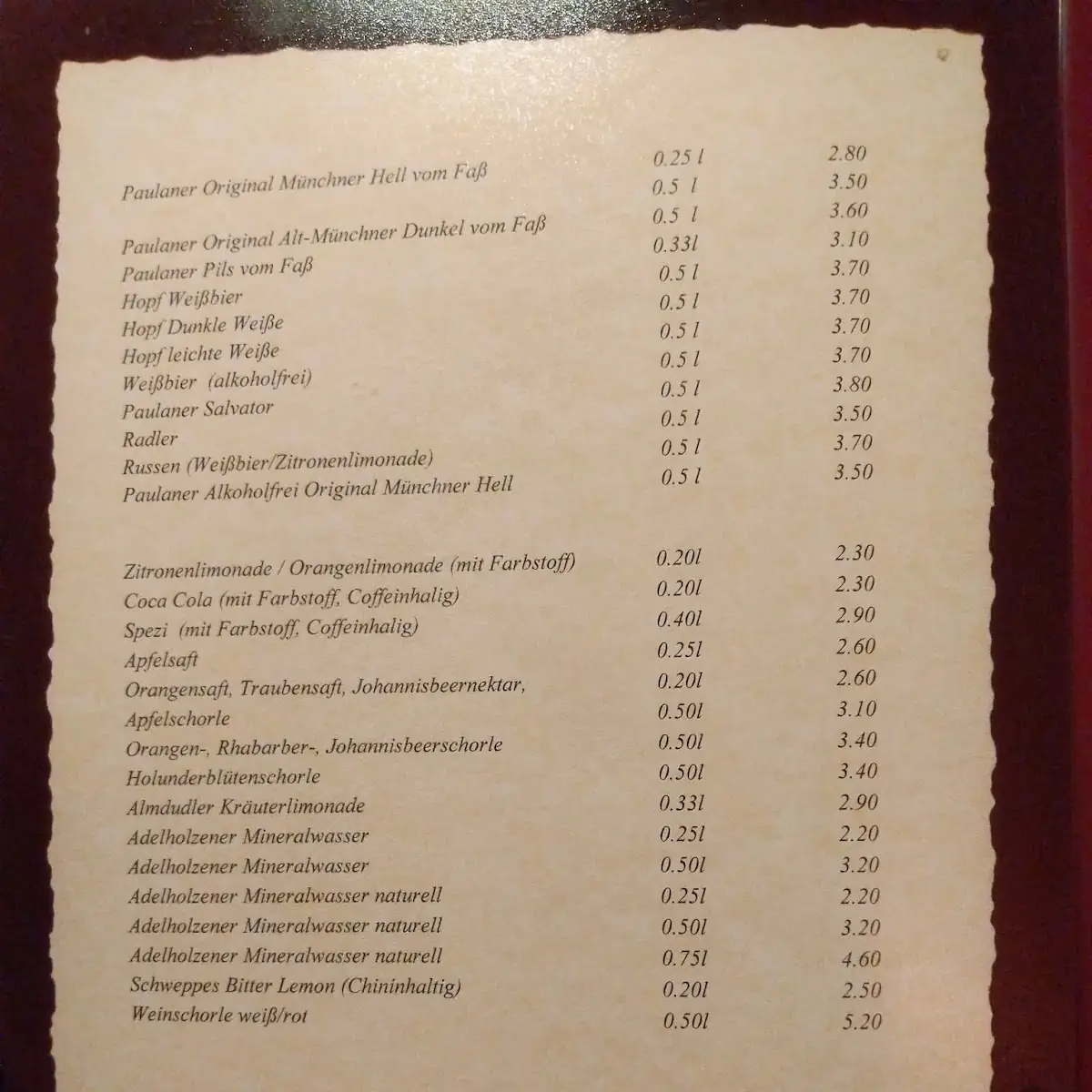 Speisekarte, Postgasthof Rote Wand