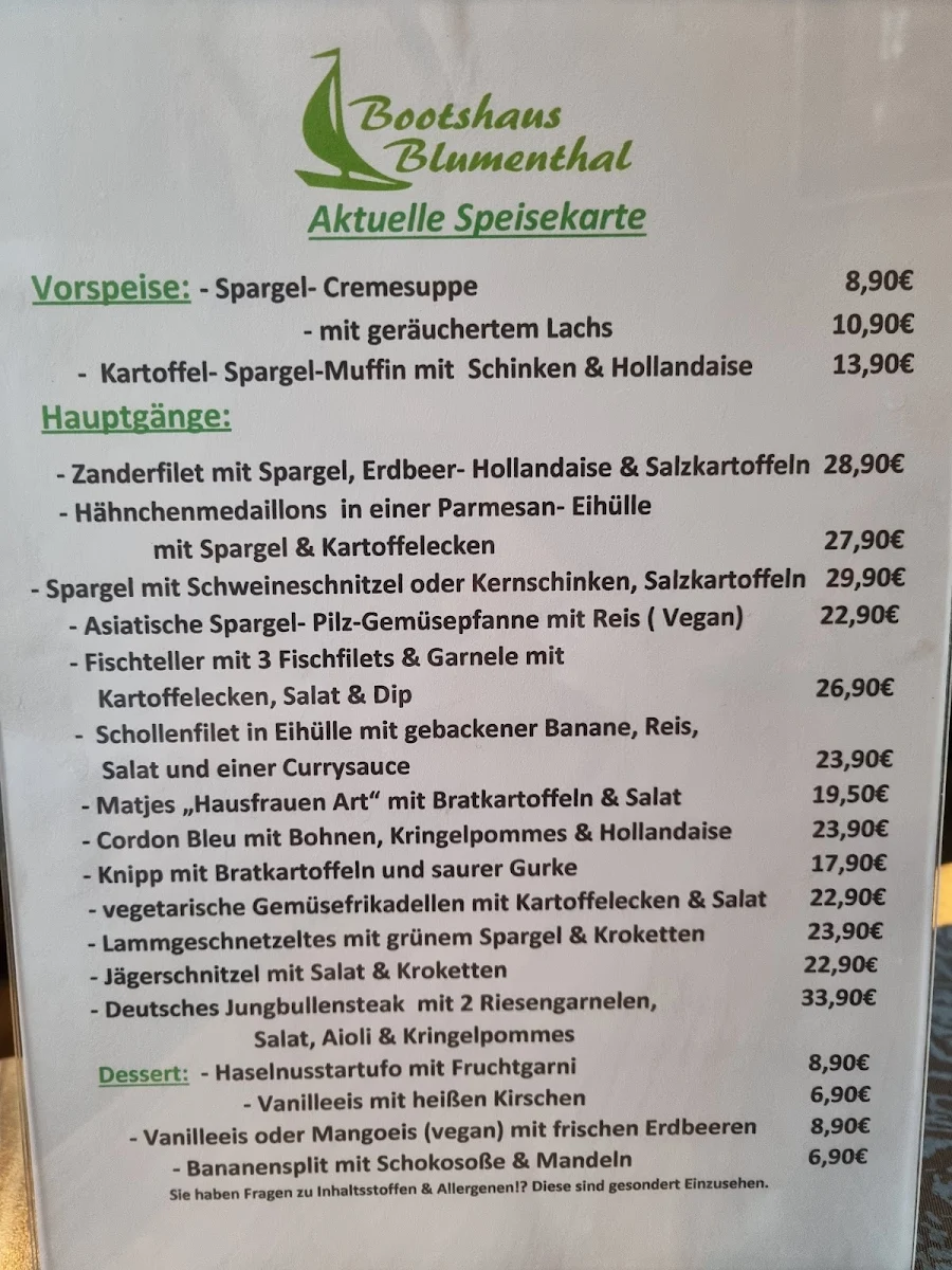Speisekarte, Bootshaus Blumenthal Restaurant mit Weserblick