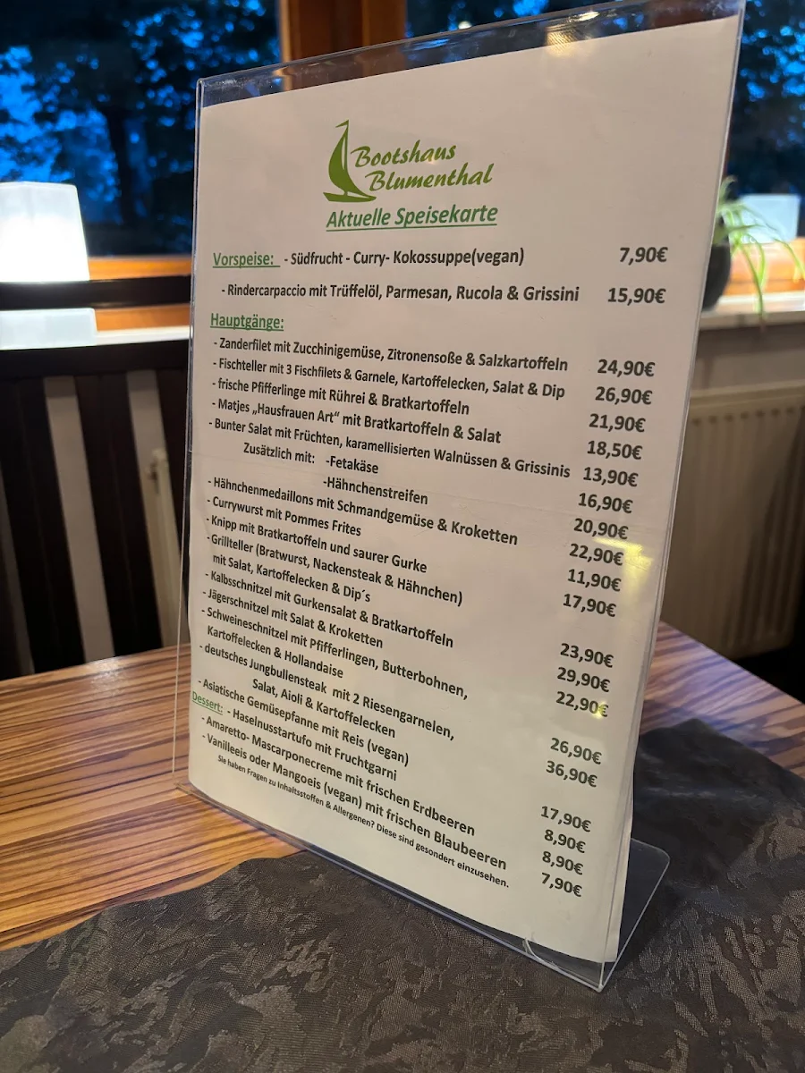 Speisekarte, Bootshaus Blumenthal Restaurant mit Weserblick