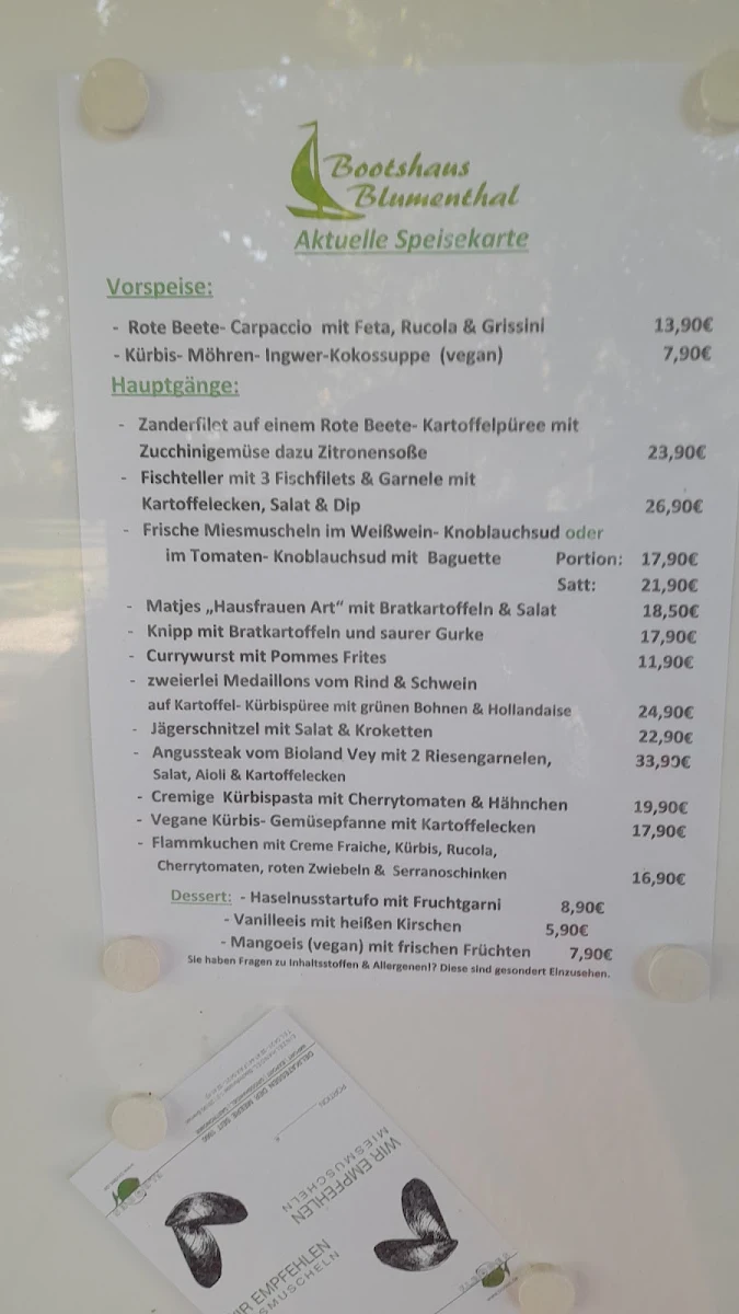 Speisekarte, Bootshaus Blumenthal Restaurant mit Weserblick
