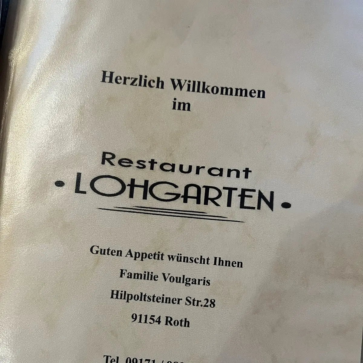 Speisekarte, Restaurant Lohgarten