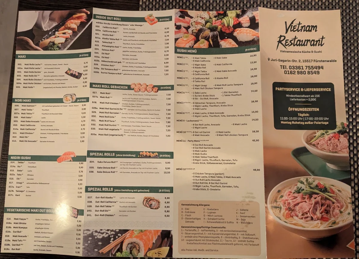 Speisekarte, Vietnam Restaurant