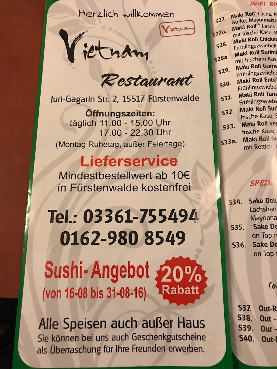Speisekarte, Vietnam Restaurant