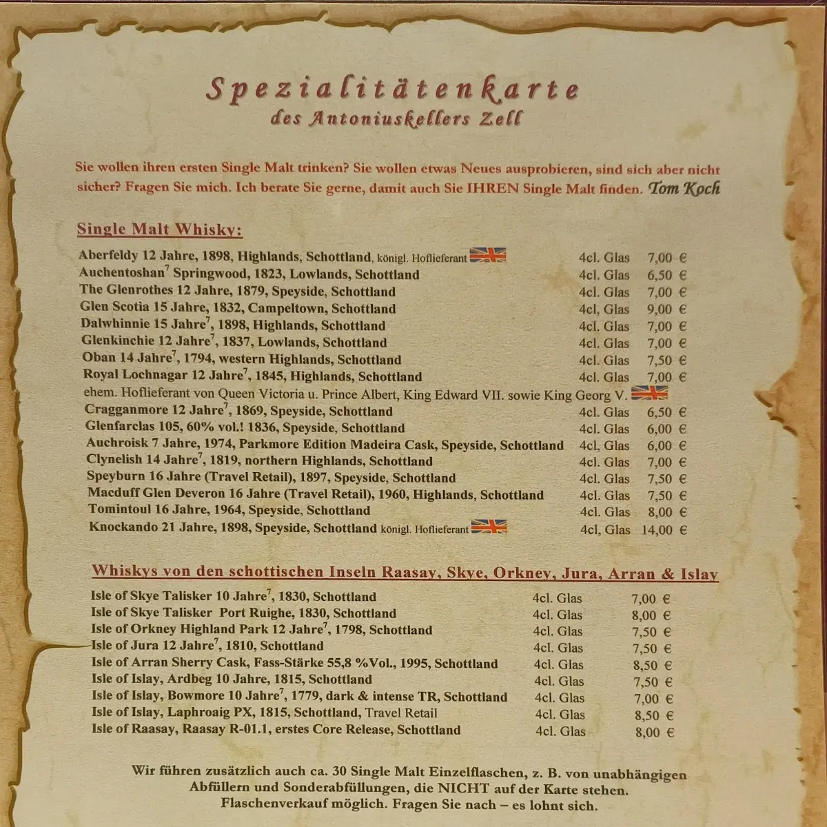 Speisekarte, Antoniuskeller Zell