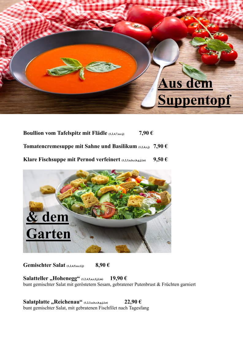 Speisekarte, Café-Restaurant Hohenegg