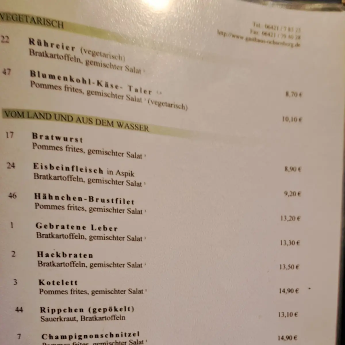 Speisekarte, Gasthaus Ochsenburg