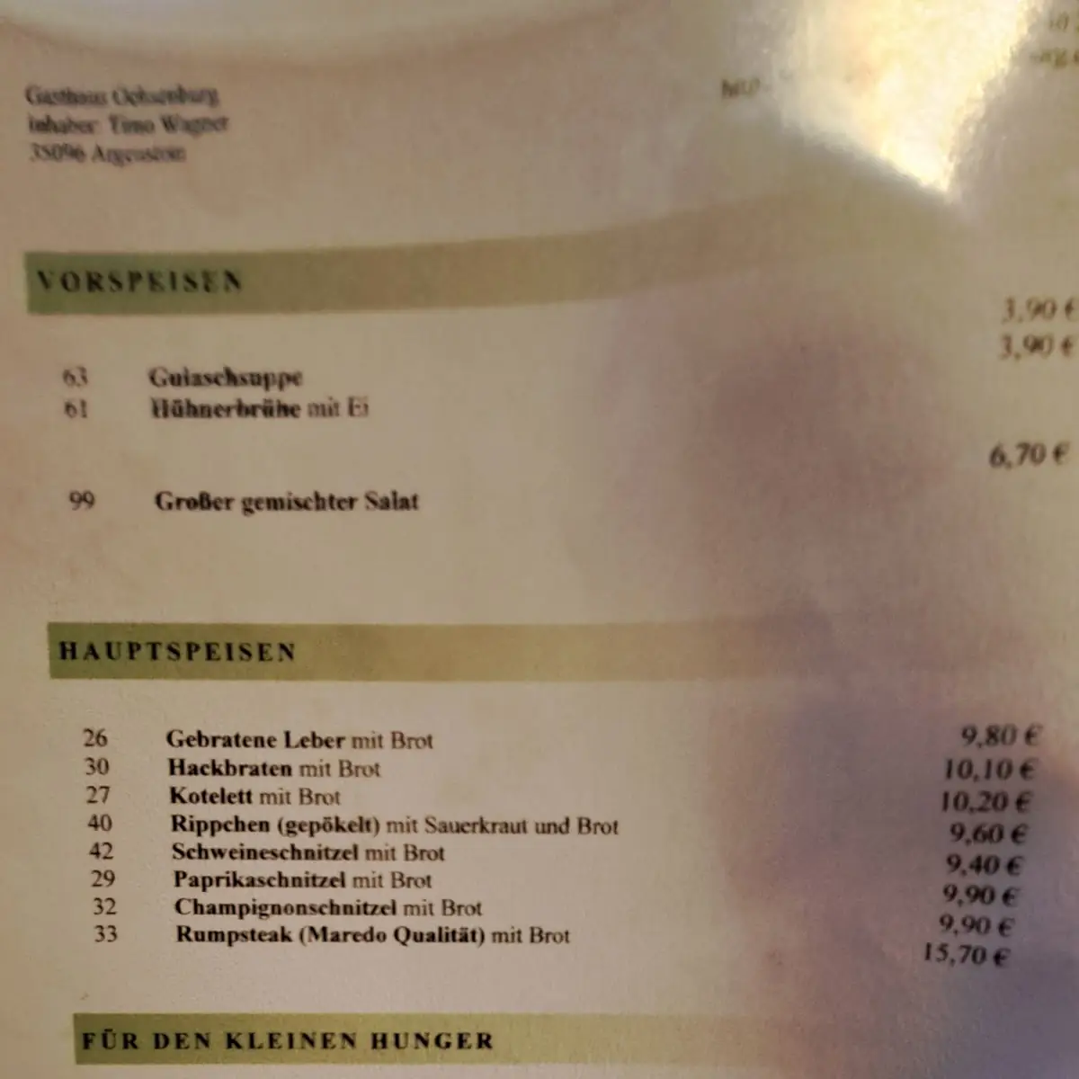 Speisekarte, Gasthaus Ochsenburg