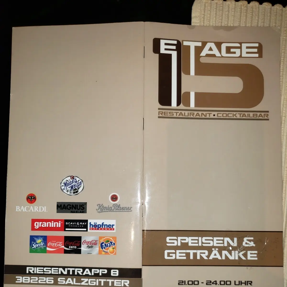 Speisekarte, Etage15 Restaurant & Cocktailbar