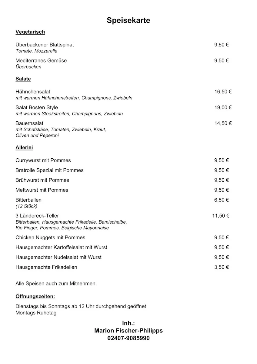 Speisekarte, Gaststätte Bosten