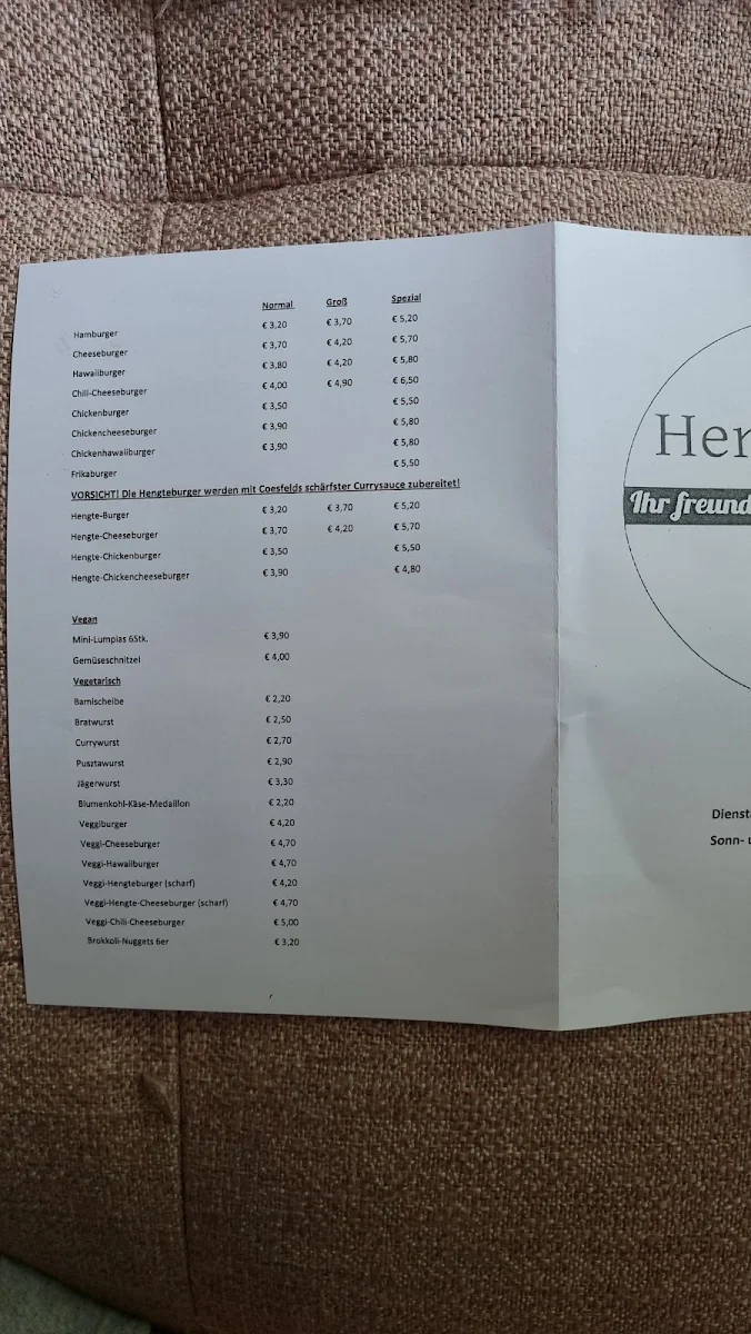 Speisekarte, Hengte-Grill