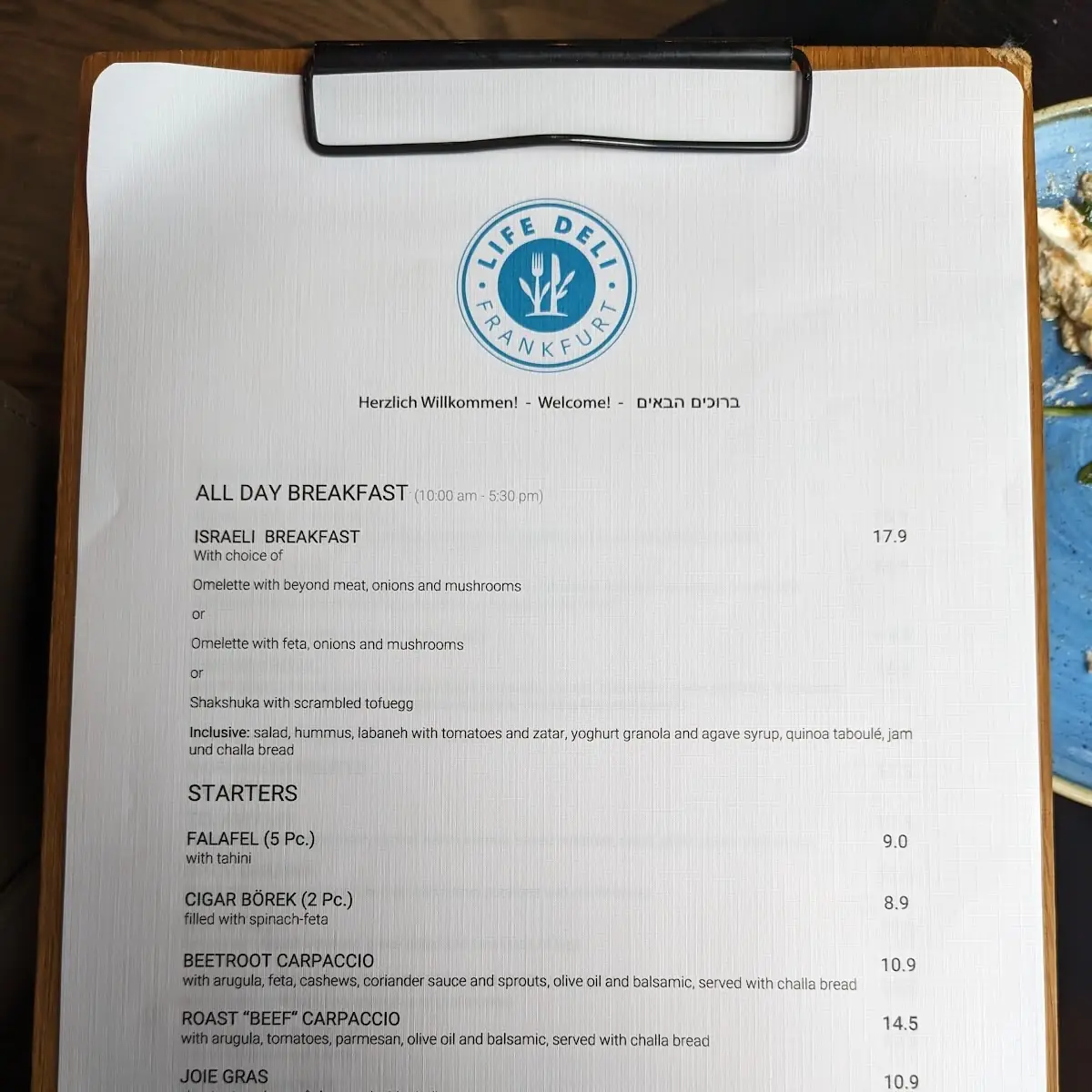 Speisekarte, Life Deli