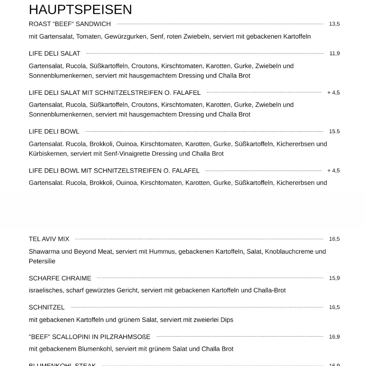 Speisekarte, Life Deli