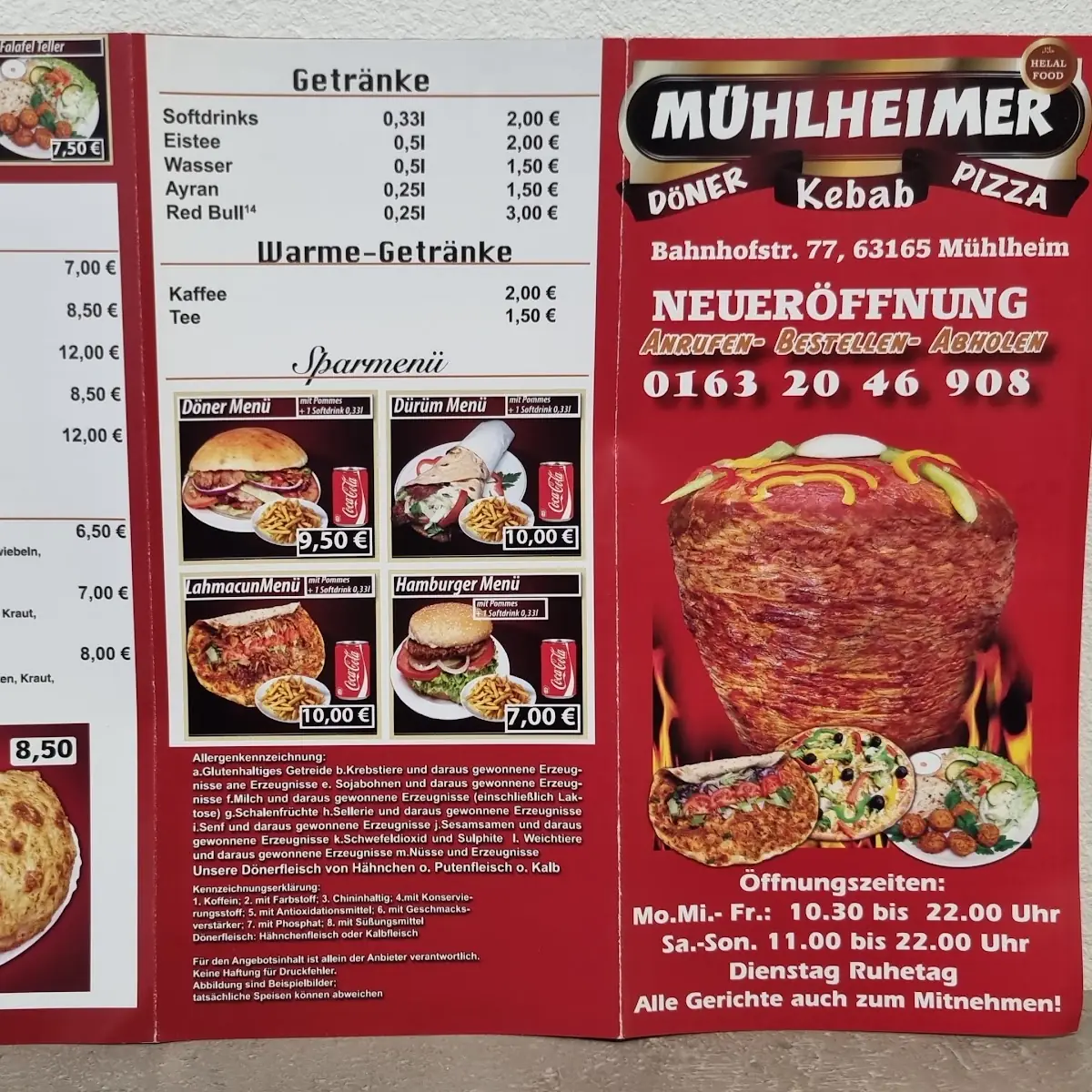 Speisekarte, Mühlheimer Döner Kebab Pizza