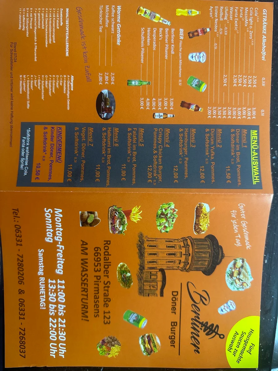 Speisekarte, Can's Berliner Döner Am sommerwald