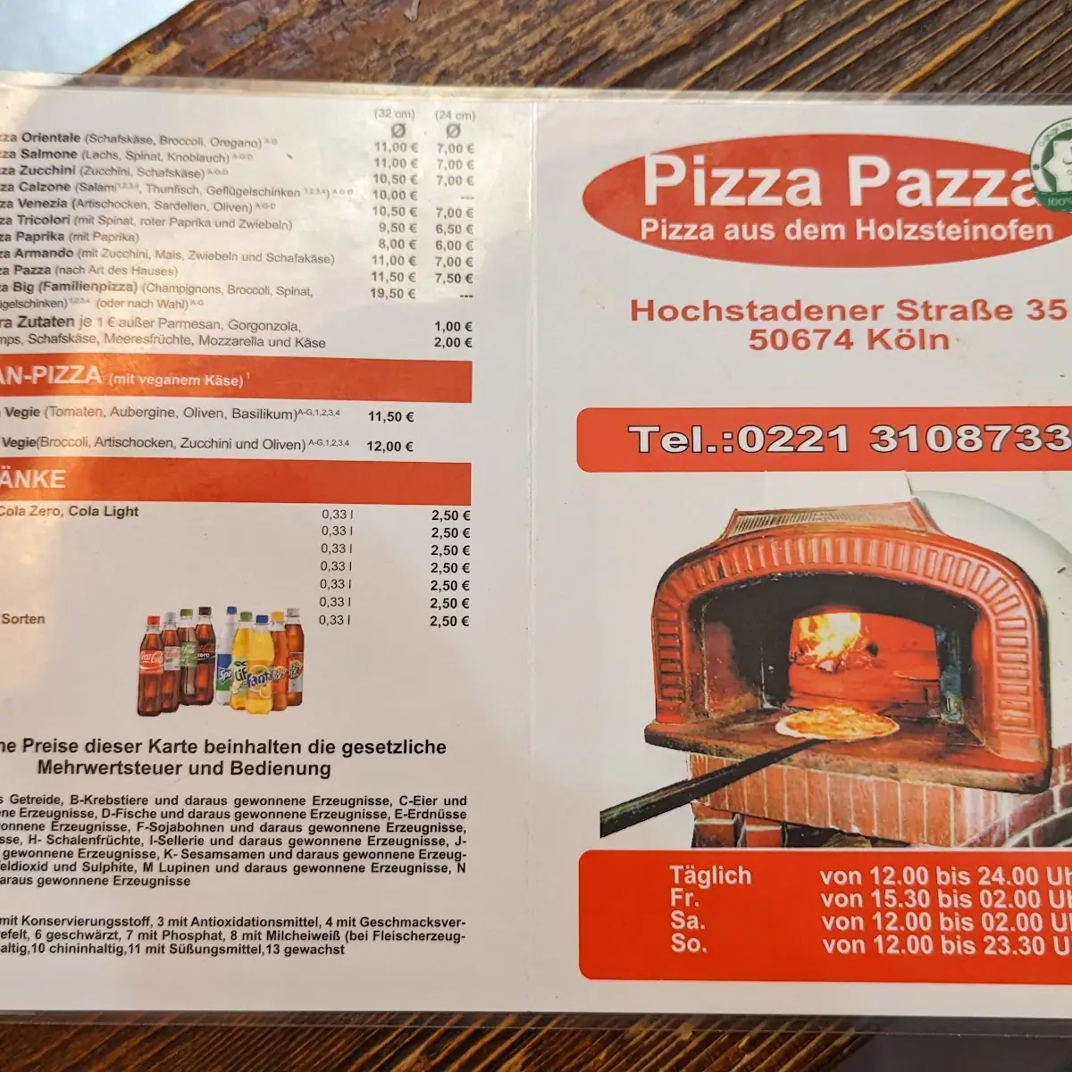Speisekarte, Pizza Pazza
