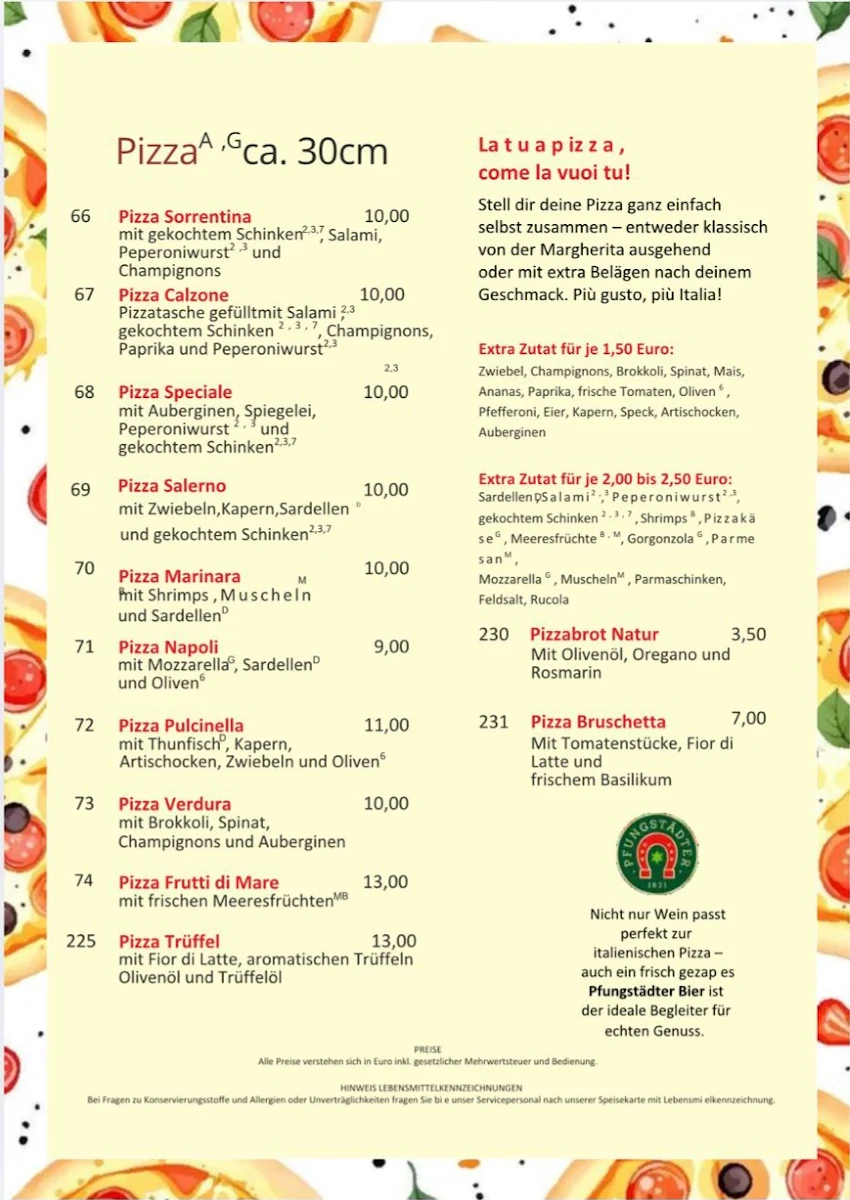 Speisekarte, Ristorante Pizzeria Pulcinella