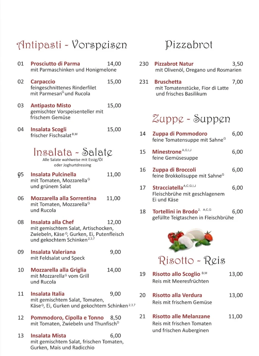 Speisekarte, Ristorante Pizzeria Pulcinella