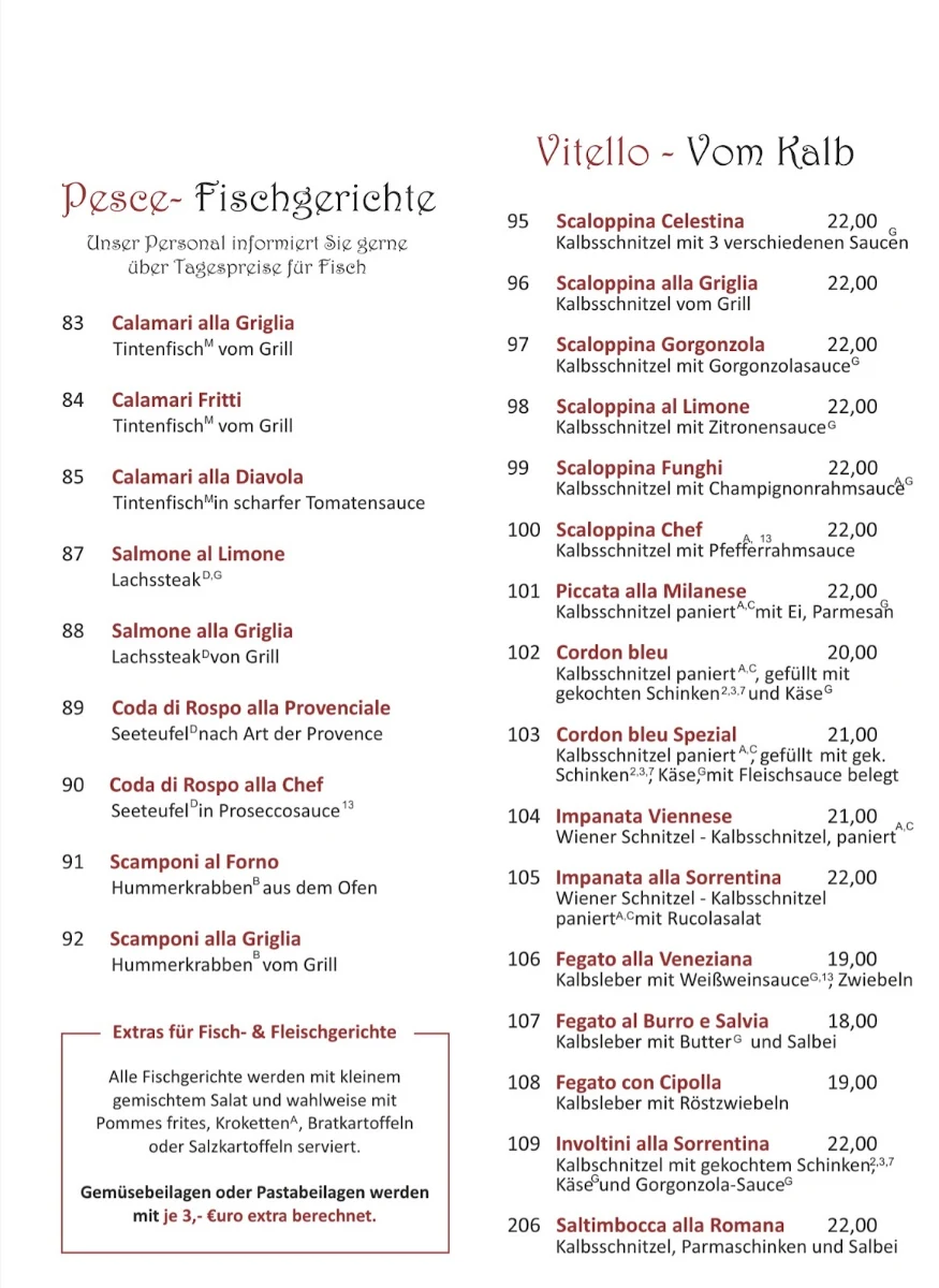 Speisekarte, Ristorante Pizzeria Pulcinella