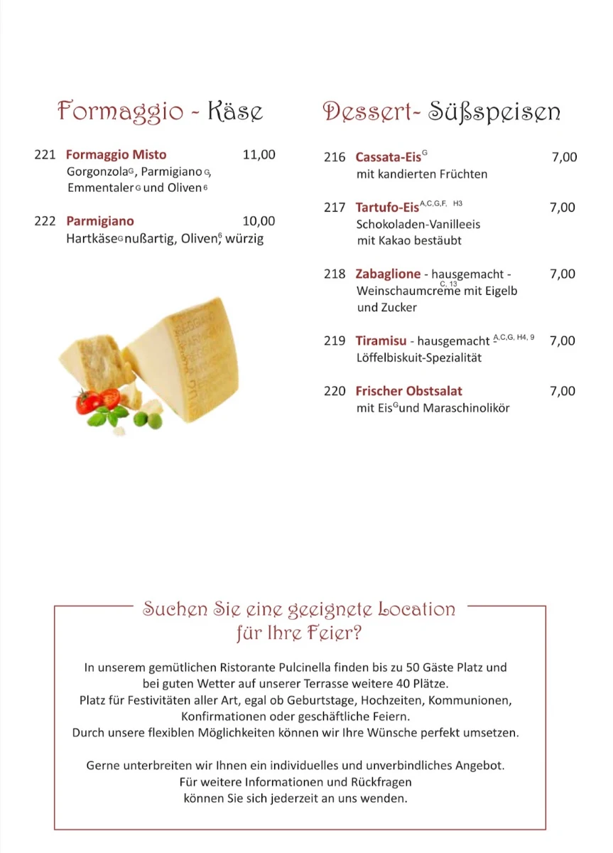 Speisekarte, Ristorante Pizzeria Pulcinella