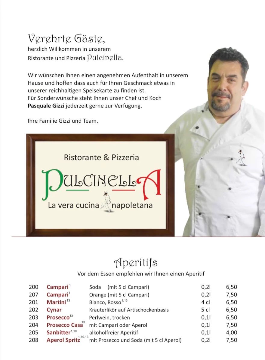 Speisekarte, Ristorante Pizzeria Pulcinella