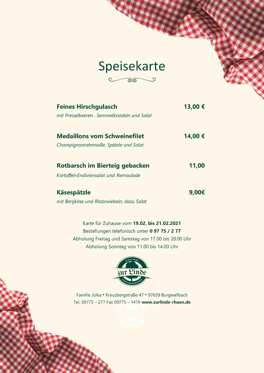 Speisekarte, Gasthof Zur Linde - Jülka GbR