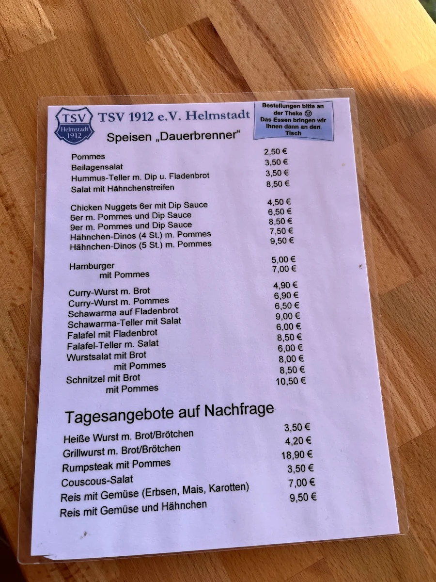 Speisekarte, Biergarten am Sportplatz