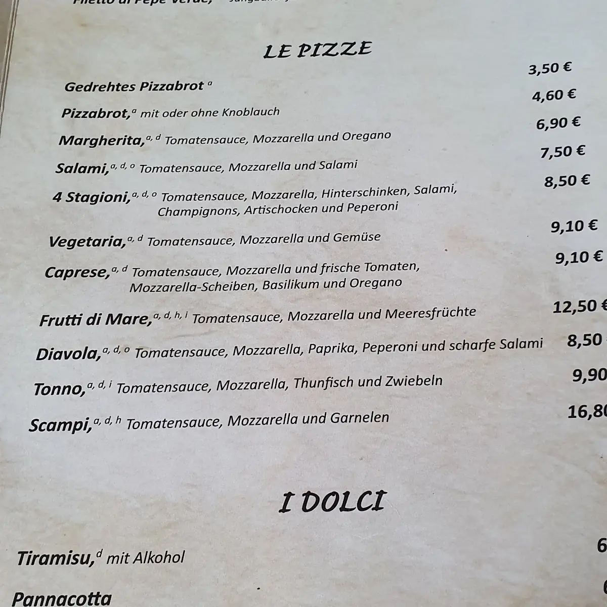 Speisekarte, La Piccola Italia