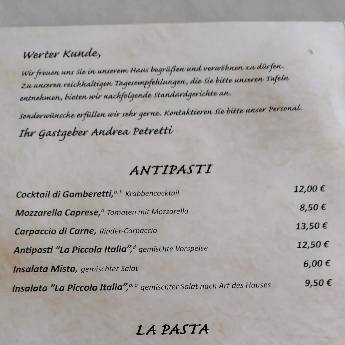Speisekarte, La Piccola Italia