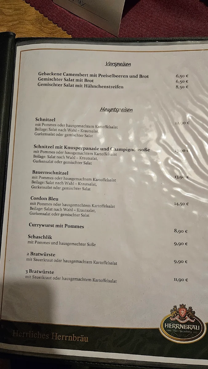 Speisekarte, Sportgaststätte Unterreichenbach