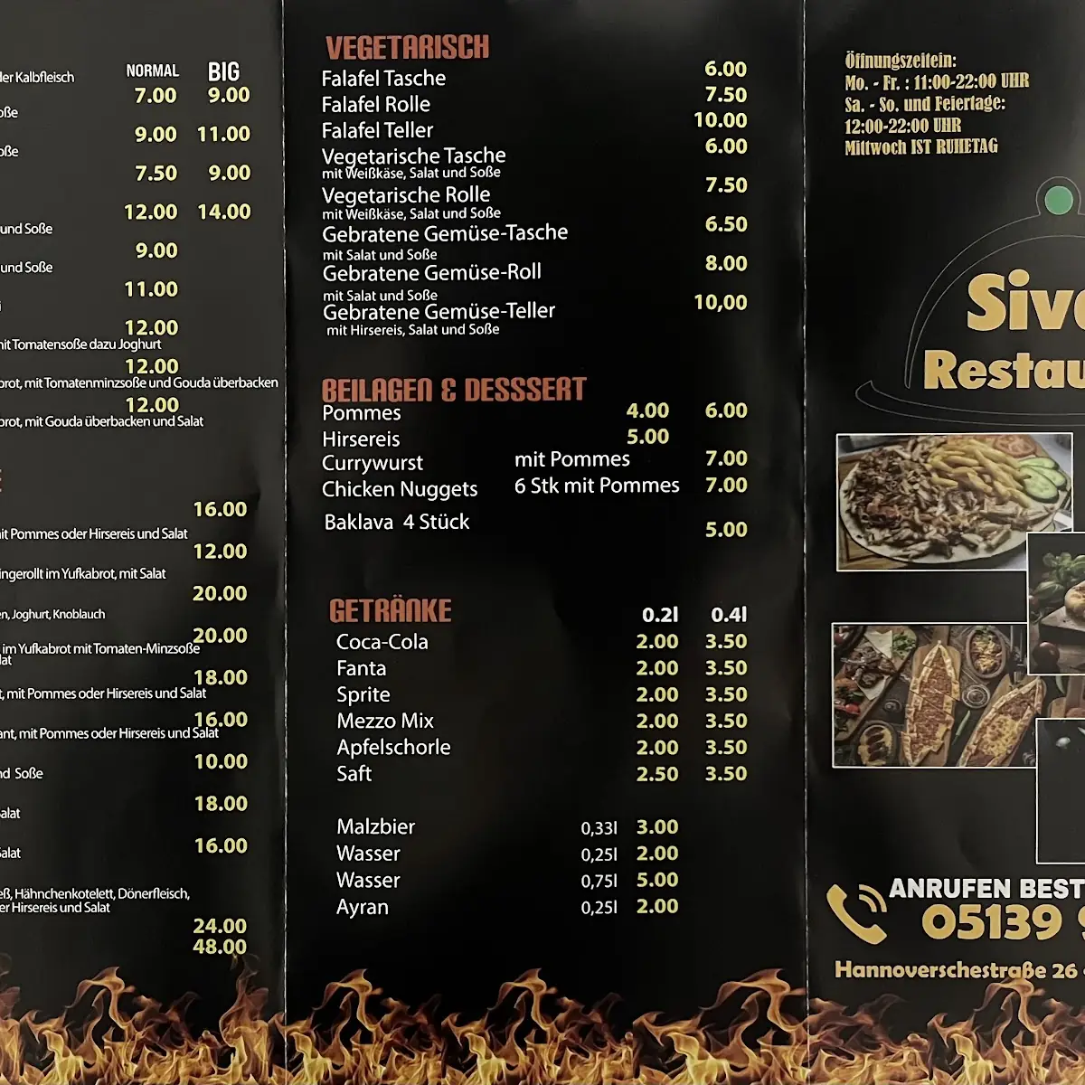 Speisekarte, Restaurant Sivan