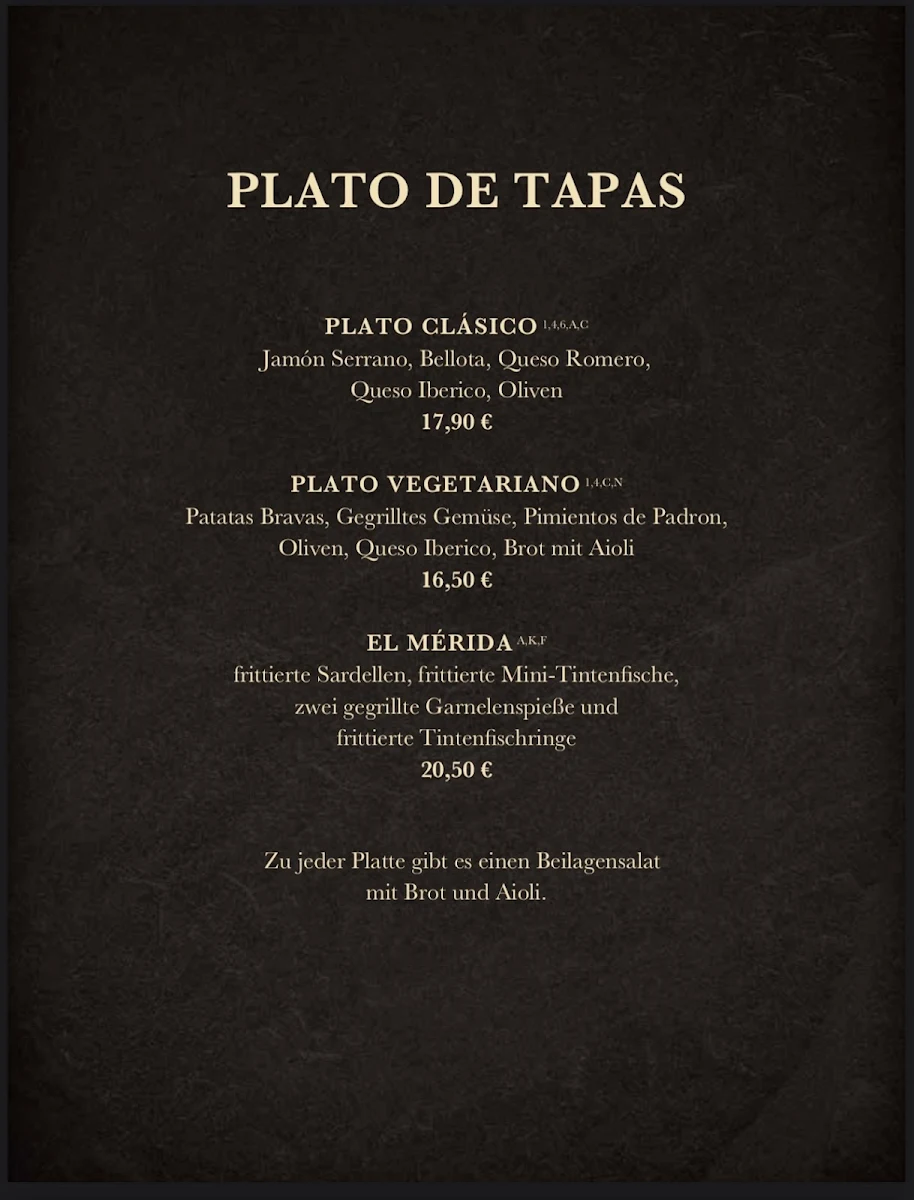 Speisekarte, El Mérida • Tapasbar