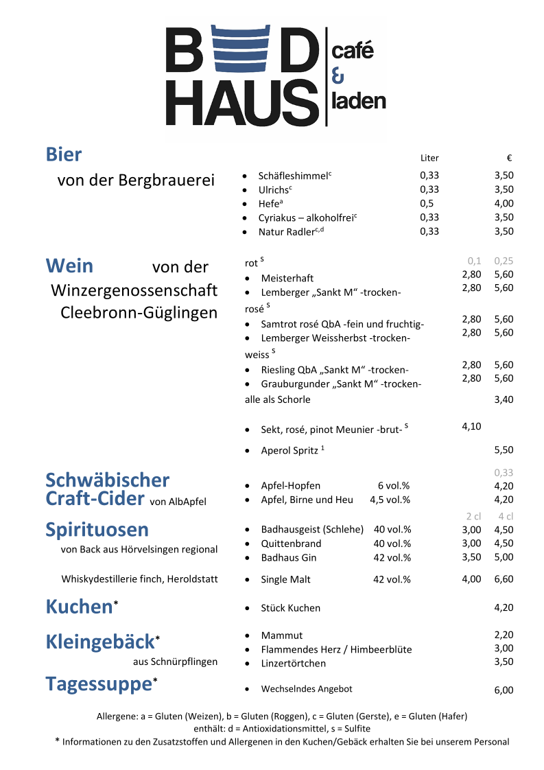 Speisekarte, Badhaus Café – Specialty Coffee & Fair Trade