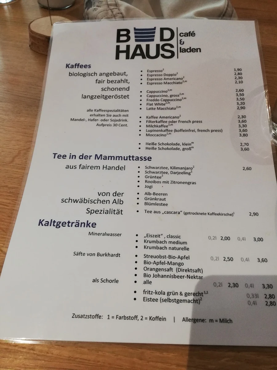 Speisekarte, Badhaus Café – Specialty Coffee & Fair Trade