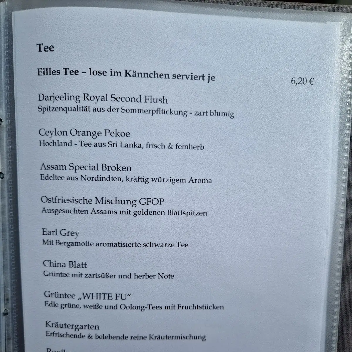 Speisekarte, Kaminrestaurant